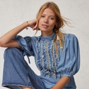 Anthropologie Hope For Flowers by Tracy Reese Ruffled Chambray Blouse - Size L